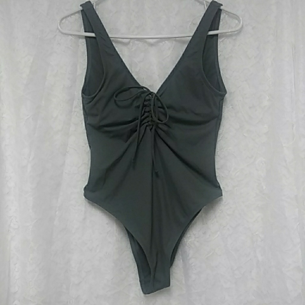 Xhilaration Green Ribbed One Piece Swim Suit Tie Front Vacation Beach Day Resort